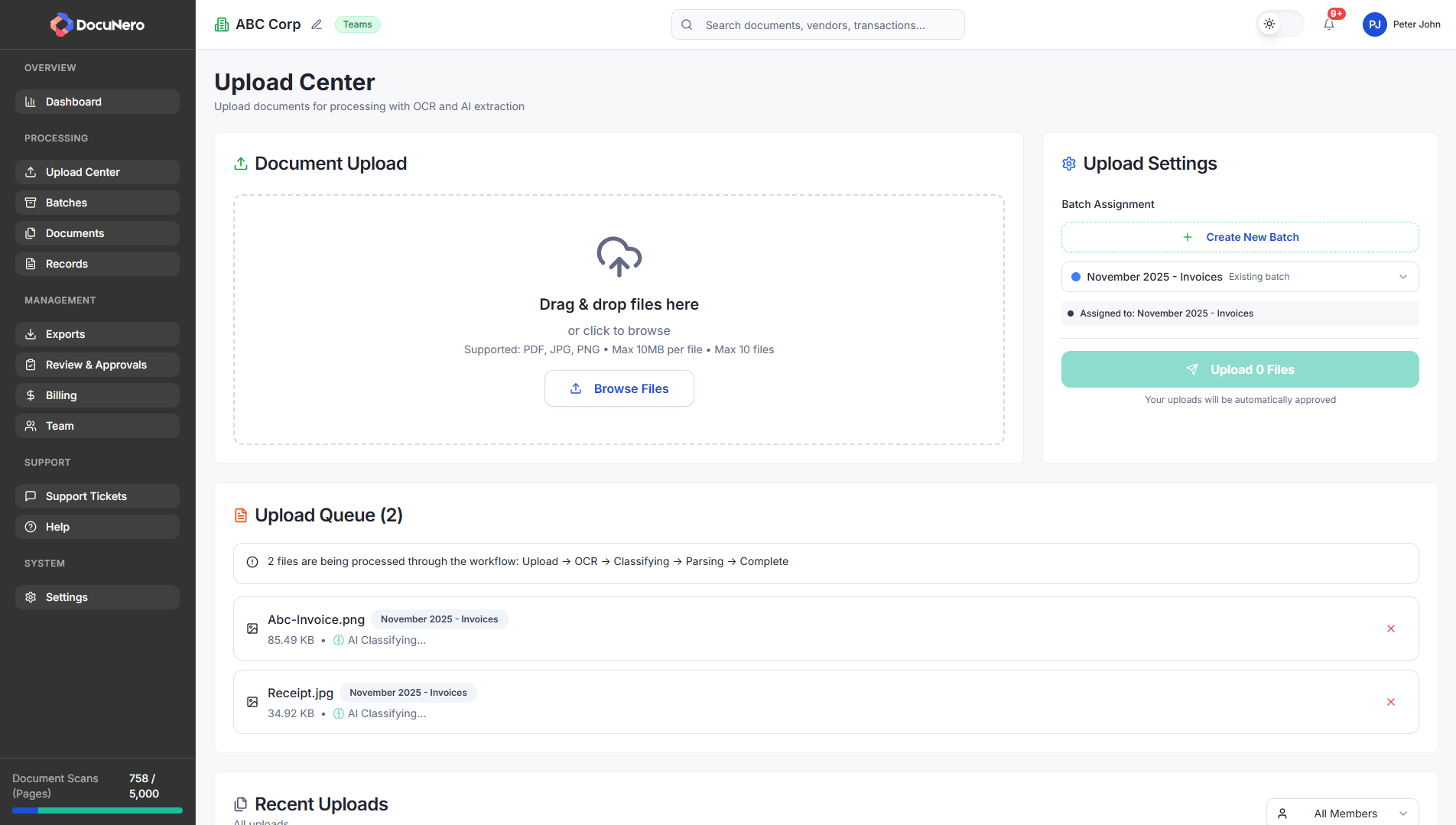 DocuNero Upload Center Dashboard